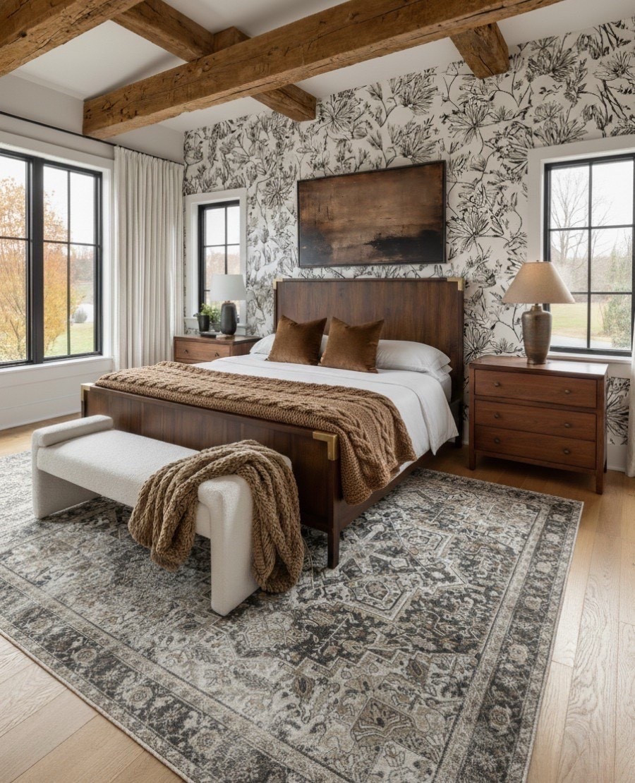 Warm and grounded, this bedroom blends modern comfort with organic charm. The deep wood tones and earthy accents create balance against the bold floral wallpaper, while soft layers and textures make the space feel lived in yet refined. A cozy throw, sculptural bench, and vintage inspired rug pull everything together for a perfectly curated retreat.

Shop the look:
Wood panel bed frame | Ivory boucle bench | Chunky knit blanket | Brown velvet pillows | Floral wallpaper | Brass accent lamps | Wooden nightstands | Neutral area rug | Abstract wall art | Ceramic decor vase 

#LTKHome #LTKSaleAlert