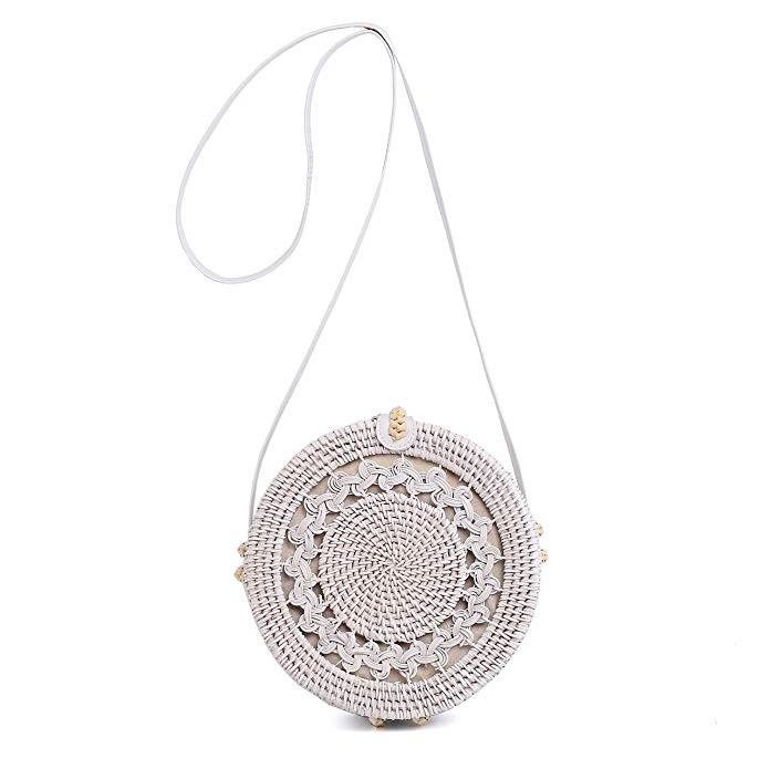Handwoven Round Rattan Purse Beach Shoulder Bag Straw Purse Crossbody | Amazon (US)