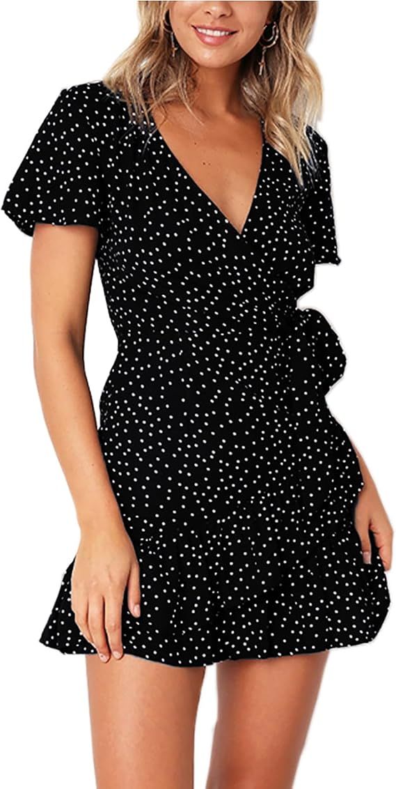 Relipop Summer Women Short Sleeve Print Dress V Neck Casual Short Dresses | Amazon (US)