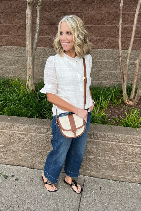 Saturday style 
Don’t know what to wear? Grab a white shirt and a pair of jeans. Want to style it up a little? Add a trendy wide leg crop jean. Love this pair from Chico’s 

Use code LISA10 on top 

#LTKSeasonal #LTKitbag #LTKstyletip