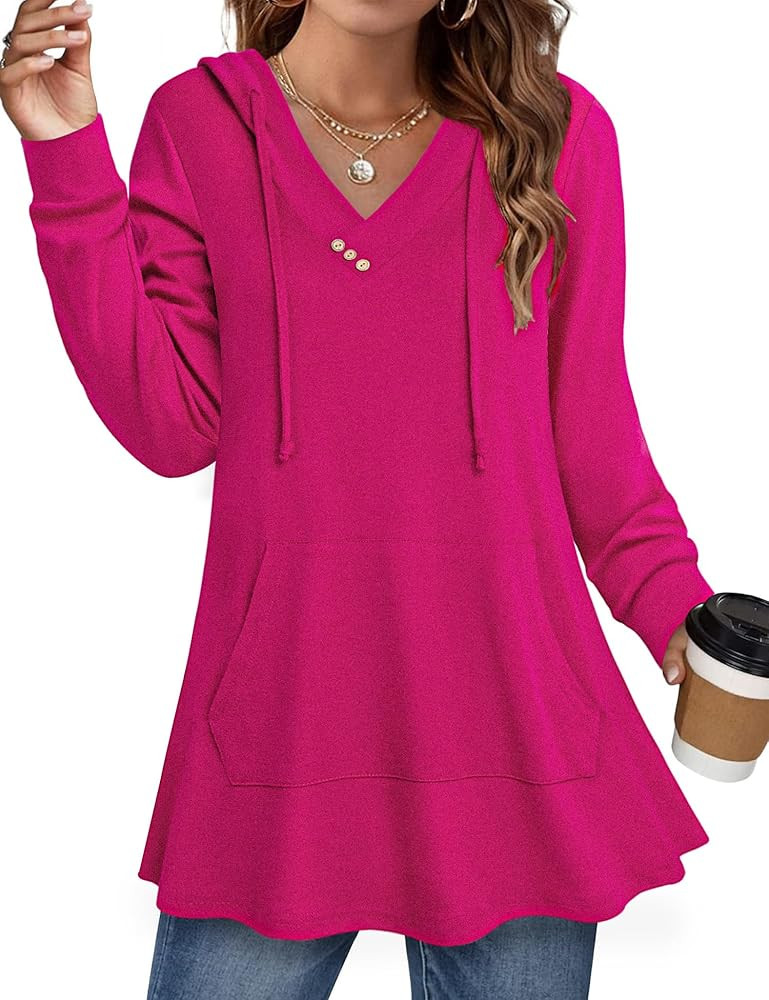 Miusey Womens Hooded Shirts Long Sleeve V Neck Tunic Hoodie Lightweight Sweatshirts with Kangaroo... | Amazon (US)
