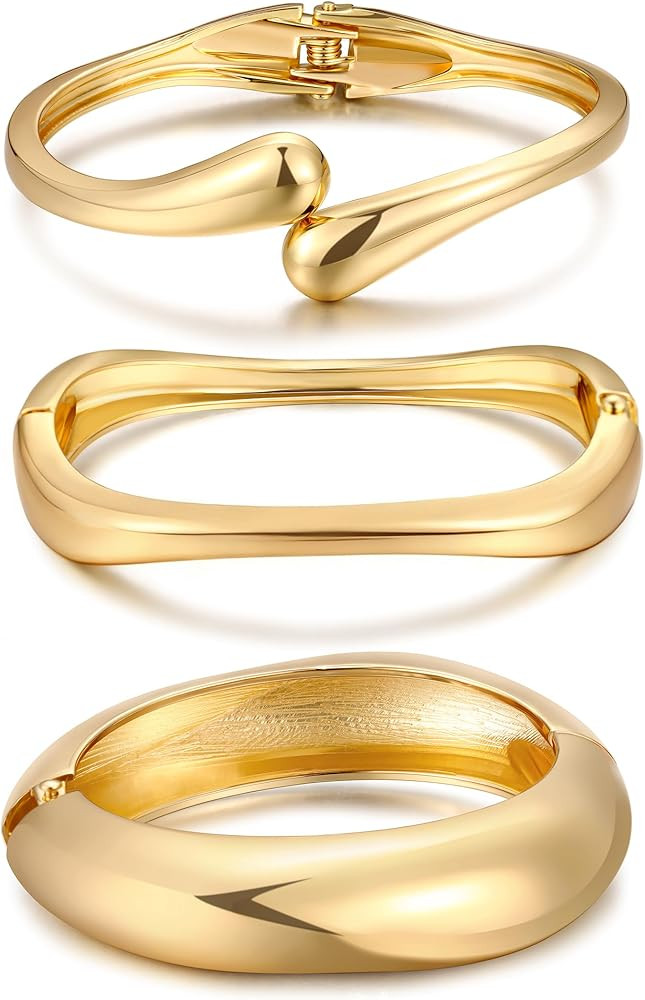 Chunky Gold Bangle Bracelets for Women, Dainty 14k Gold Plated Big Stackable Bangles Set, Trendy ... | Amazon (US)