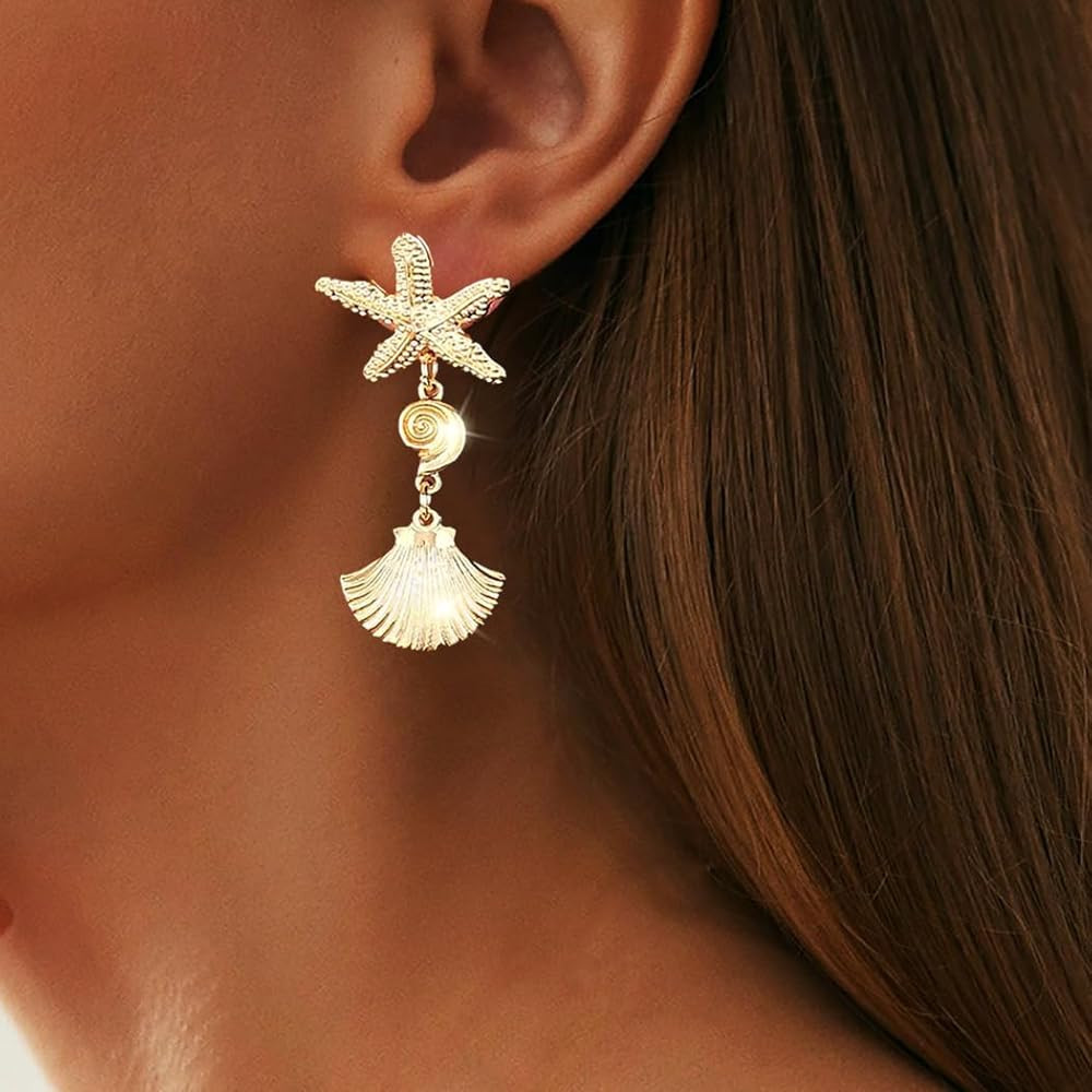 Gold Shell Earrings Starfish Earrings Mermaid Accessories Women | Amazon (US)