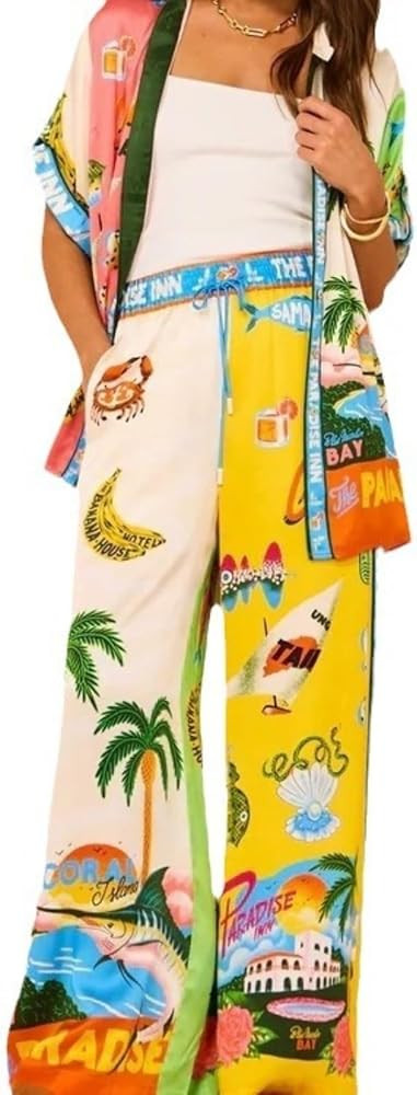 Women's Two Piece Linen Suit Short Sleeve Button Shirt Wide Leg Pants Casual Suit Bohemian Printe... | Amazon (US)