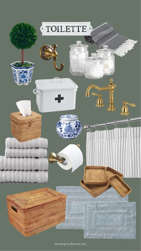 Amazon bathroom decor finds  - rattan tissue box cover, towels, hook, toilette sign, Turkish towel, glass canisters, brass faucet, shower curtain, trays, toilet paper hardware, blue and white jar, lidded basket, first aid kit, bath mat topiary 

#LTKhome #LTKstyletip #LTKfindsunder50
