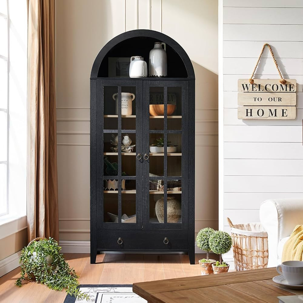 Farmhouse Arched Cabinet with Glass Doors, Wood Display Cabinet with Drawer and Adjustable Shelve... | Amazon (CA)