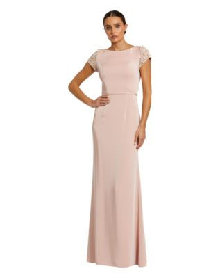 Mac Duggal Women's Beaded Cap Sleeve Bateau Column Dress - White | Macy's
