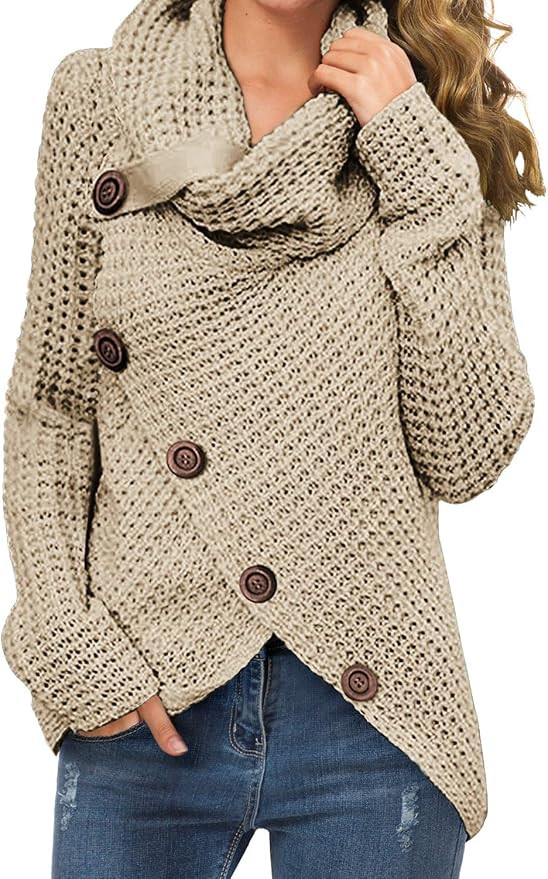 GRECERELLE Women's Casual Turtle Cowl Neck Asymmetric Hem Wrap Pullover Chunky Button Knit Sweate... | Amazon (US)
