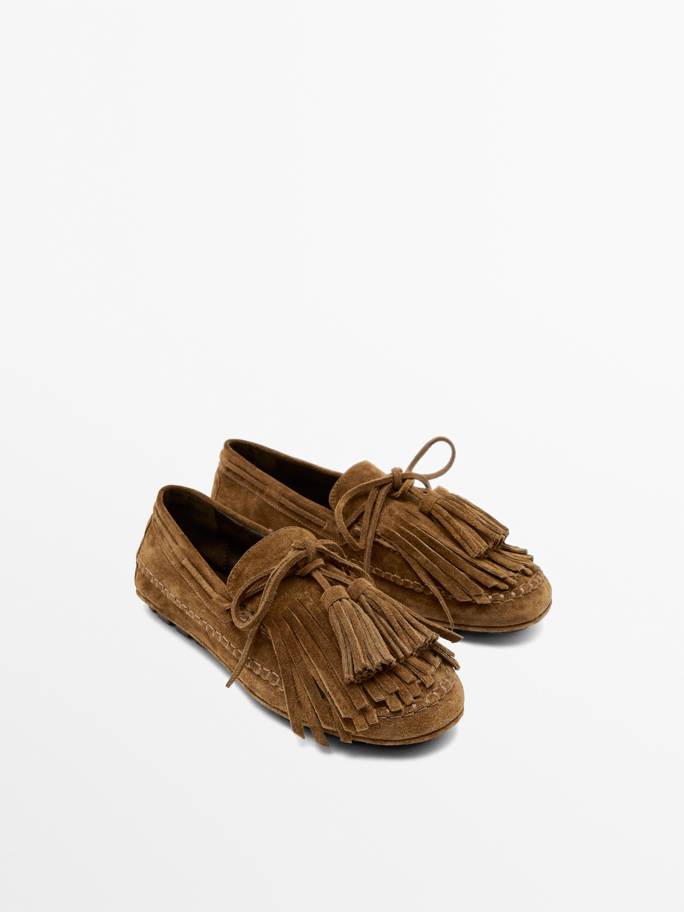 Split suede loafers with fringing and tassels | Massimo Dutti UK