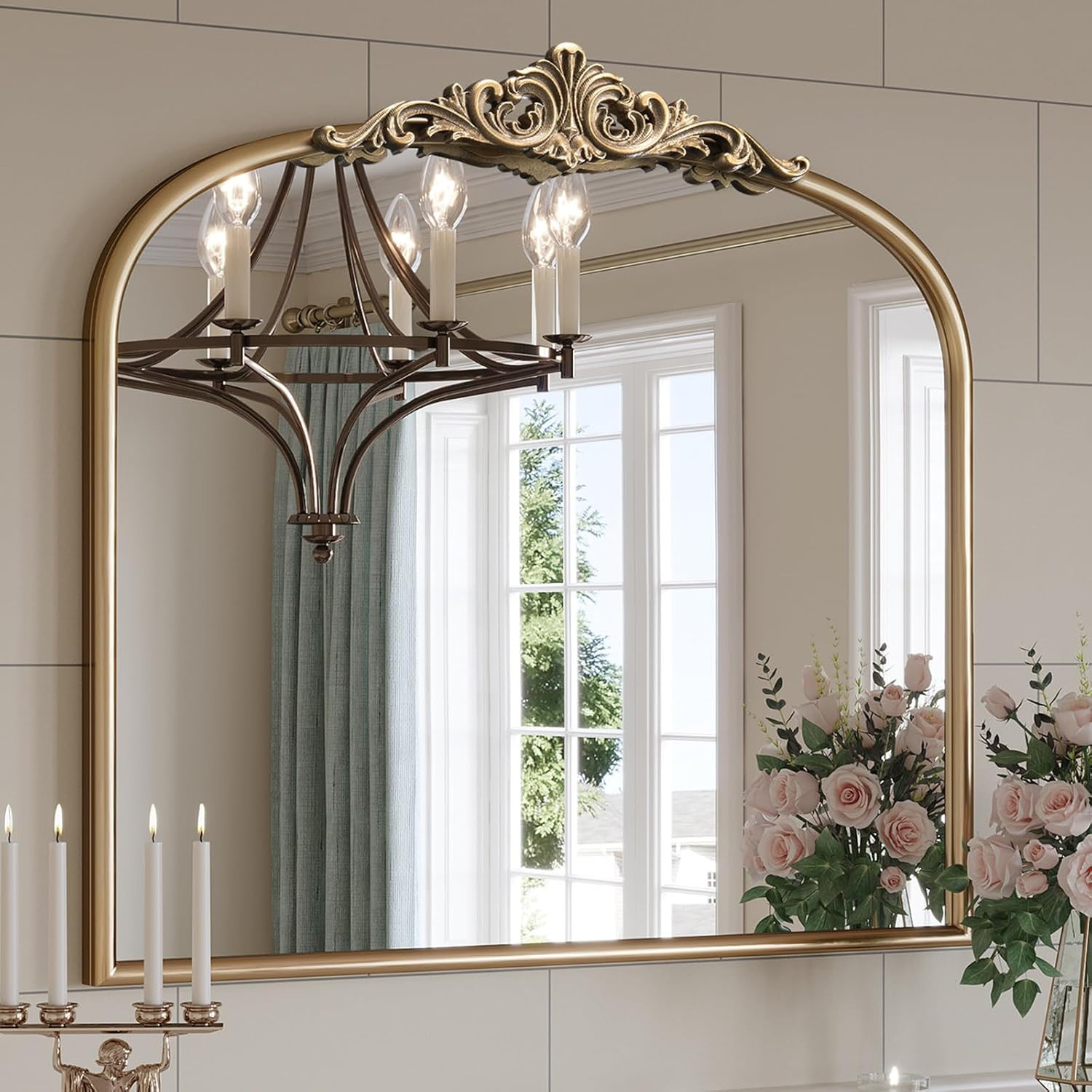 Arched Antique Gold Wall Mirror, 36"x30" Large Vintage Gold Ornate Wall Mirror, Wide Brass Mantle... | Amazon (US)