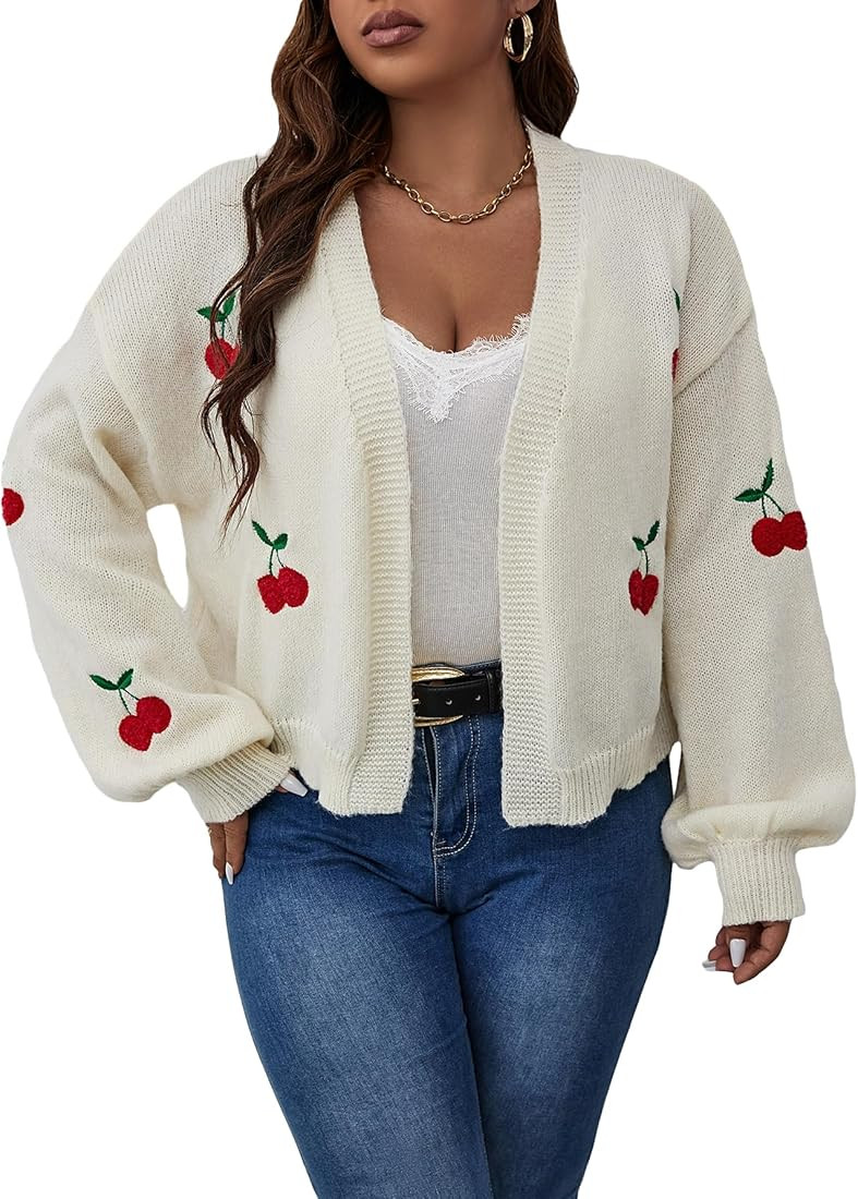 SHENHE Women's Plus Size Open Front Cherry Embroidery Balloon Sleeve Cute Cropped Cardigan | Amazon (US)