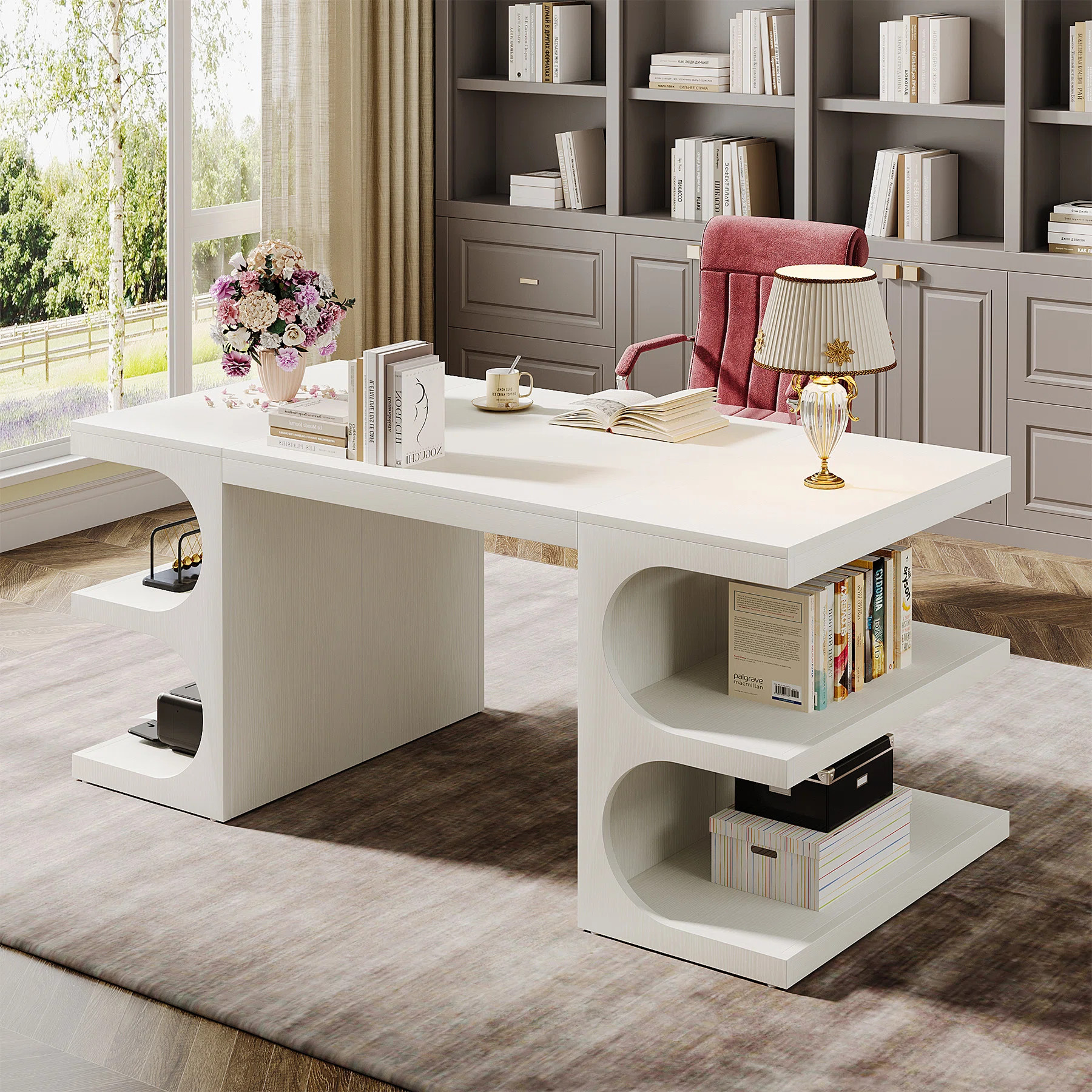 Ivy Bronx 62" White Computer Desk For Home Office, Modern Executive Office Desk with  Storage She... | Wayfair North America