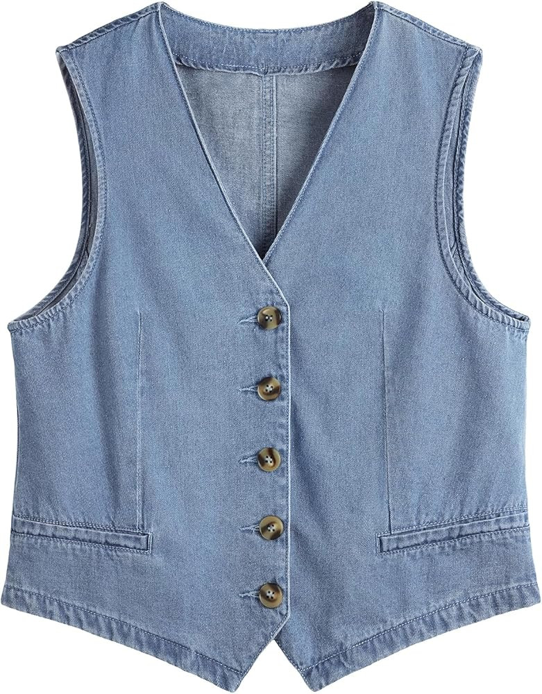 AUTOMET Jean Vest Tops for Women Denim Top Button Down Waistcoat 2025 Fall Sleeveless V Neck Top ... | Amazon (US)