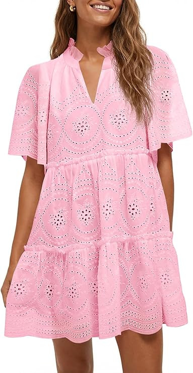 Wenrine Womens Summer Eyelet Dress Short Sleeve Babydoll V Neck Hollow Out Lace Ruffle Casual Bea... | Amazon (US)