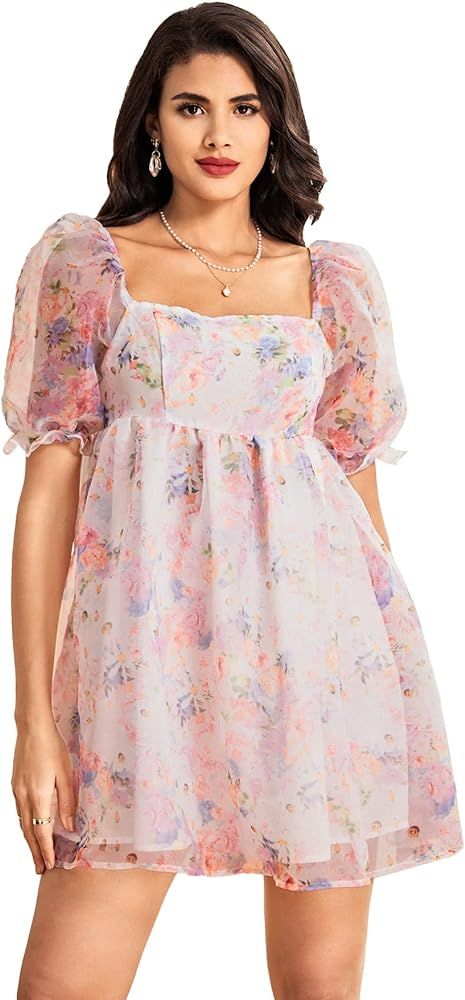 WDIRARA Women's Floral Print Square Neck Puff Short Sleeve High Rise Flare Organza Dress | Amazon (US)