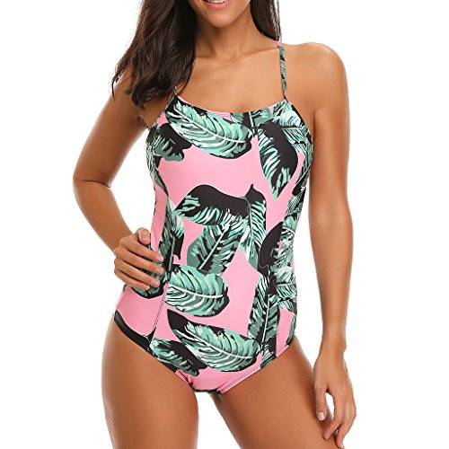 SESY Womens One Piece Swimsuits Sexy Crossing Ties Pink Green Leaves Print Swimwear | Amazon (US)