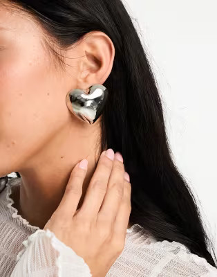 ASOS DESIGN stud earrings with oversized puff heart in silver tone | ASOS | ASOS (Global)