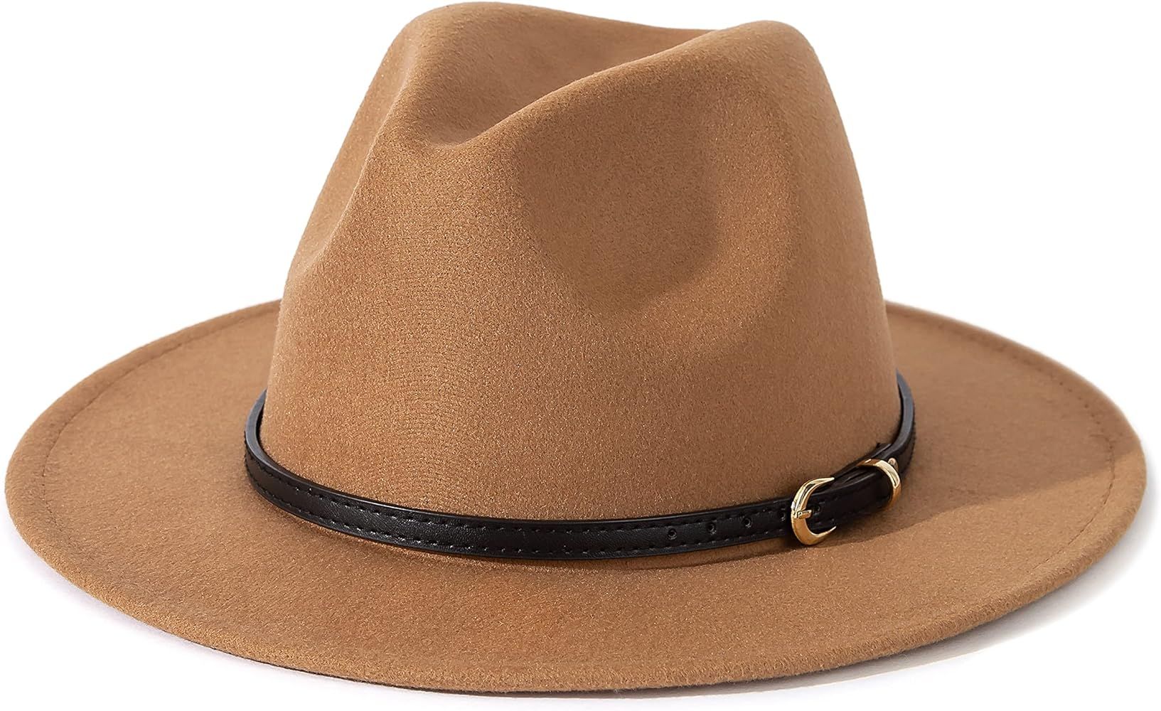 Lisianthus Women Classic Felt Fedora Wide Brim Hat with Belt Buckle | Amazon (US)