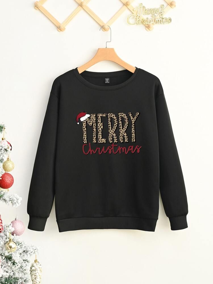 Plus Leopard Christmas Slogan Thermal Sweatshirt | SHEIN