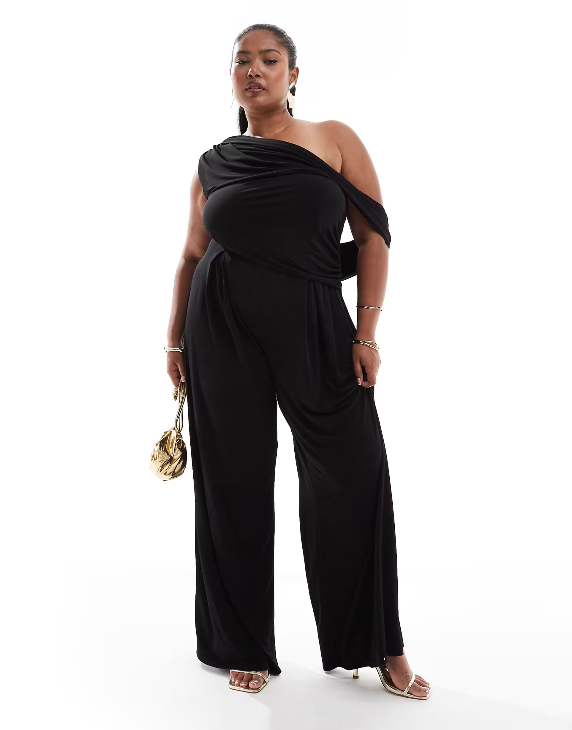 ASOS DESIGN Curve fallen shoulder wide leg jumpsuit in black | ASOS (Global)