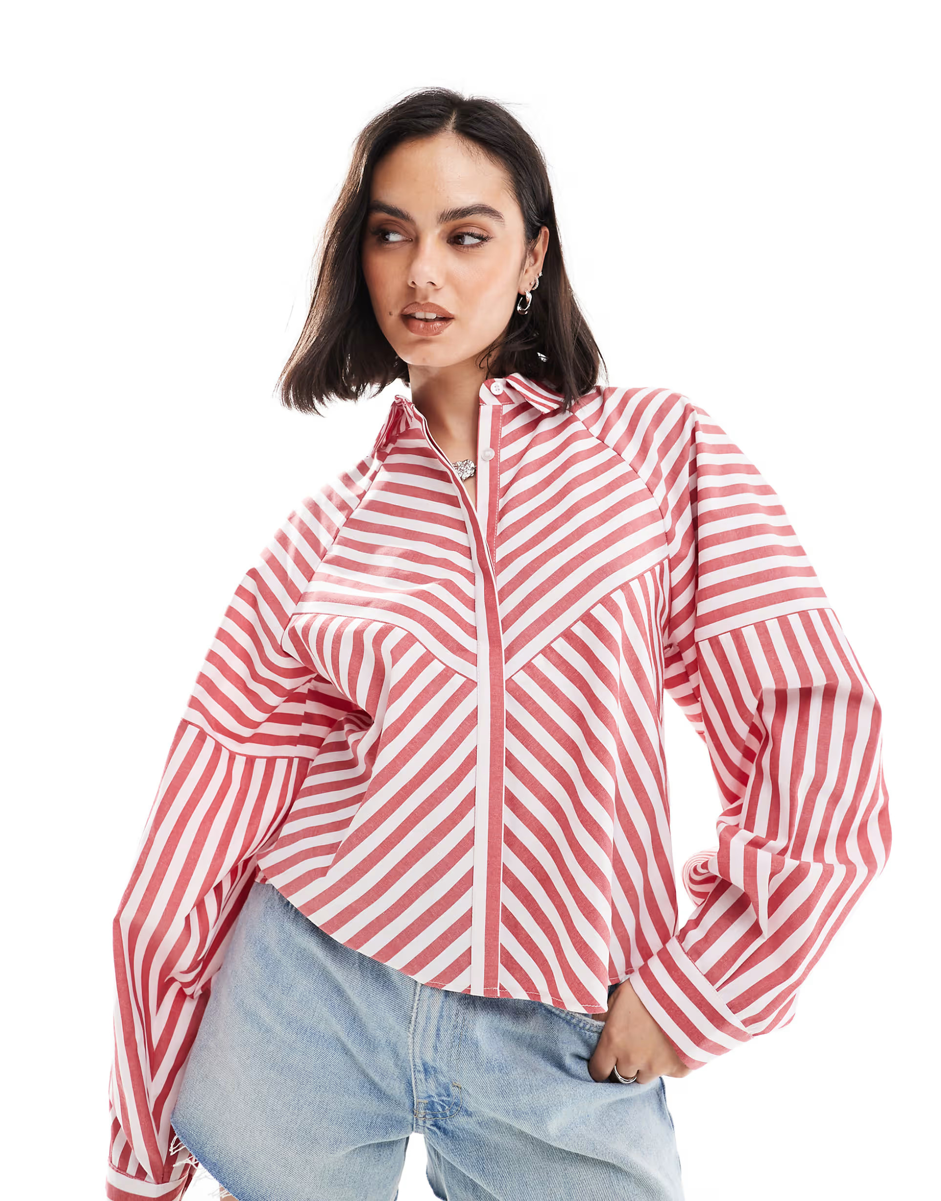 ASOS DESIGN spliced detail volume sleeve shirt in red stripe | ASOS (Global)