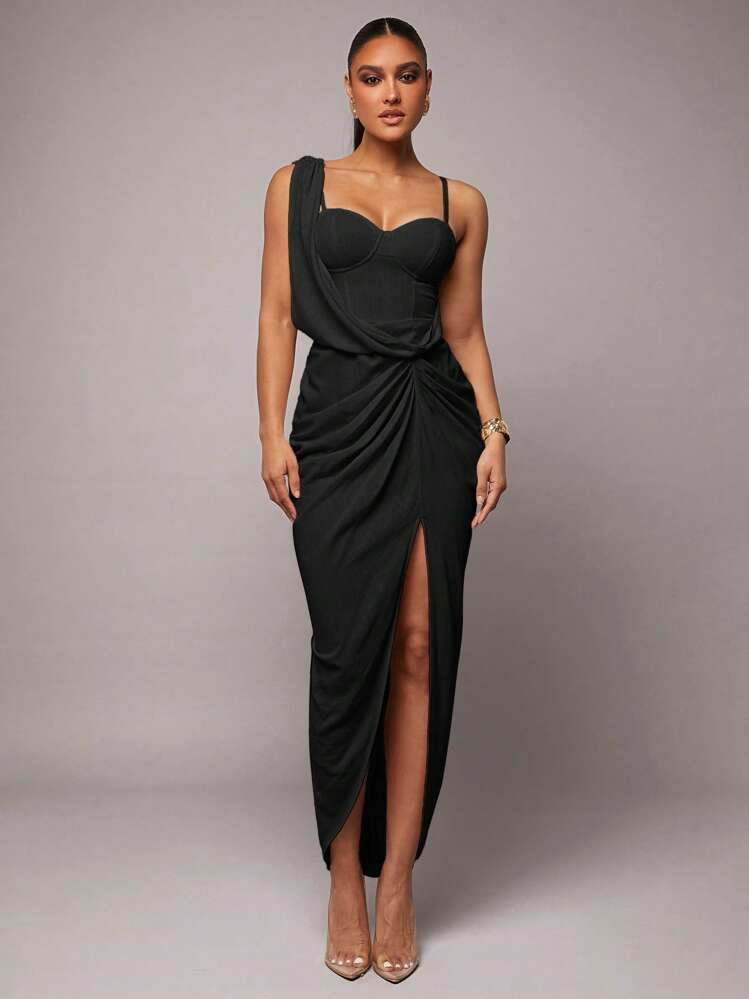 Silquee Romantic Valentine's Day & Date Apricot Linen Asymmetric Draping Neckline Bustier Detail High Slit Dress, Asymmetric Hem Cami Dress, Valentine's Day Dress, Party Dress, Romantic Date Dress, Bridesmaid Dress, Formal Gown, Workwear Dress, Sexy Holiday Dress | SHEIN