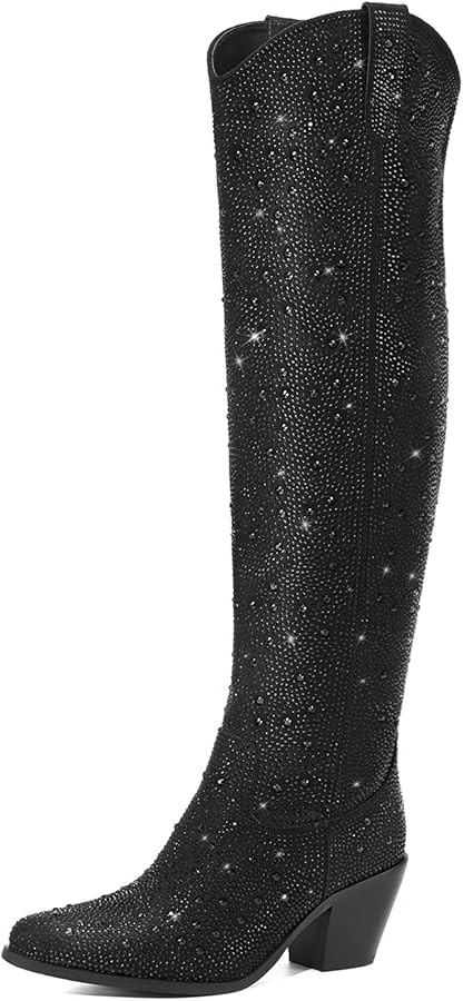 Rollda Rhinestone Cowboy Boots Sparkly Over the Knee Cowgirl Boots Pointed Toe Knee High Boots wi... | Amazon (US)
