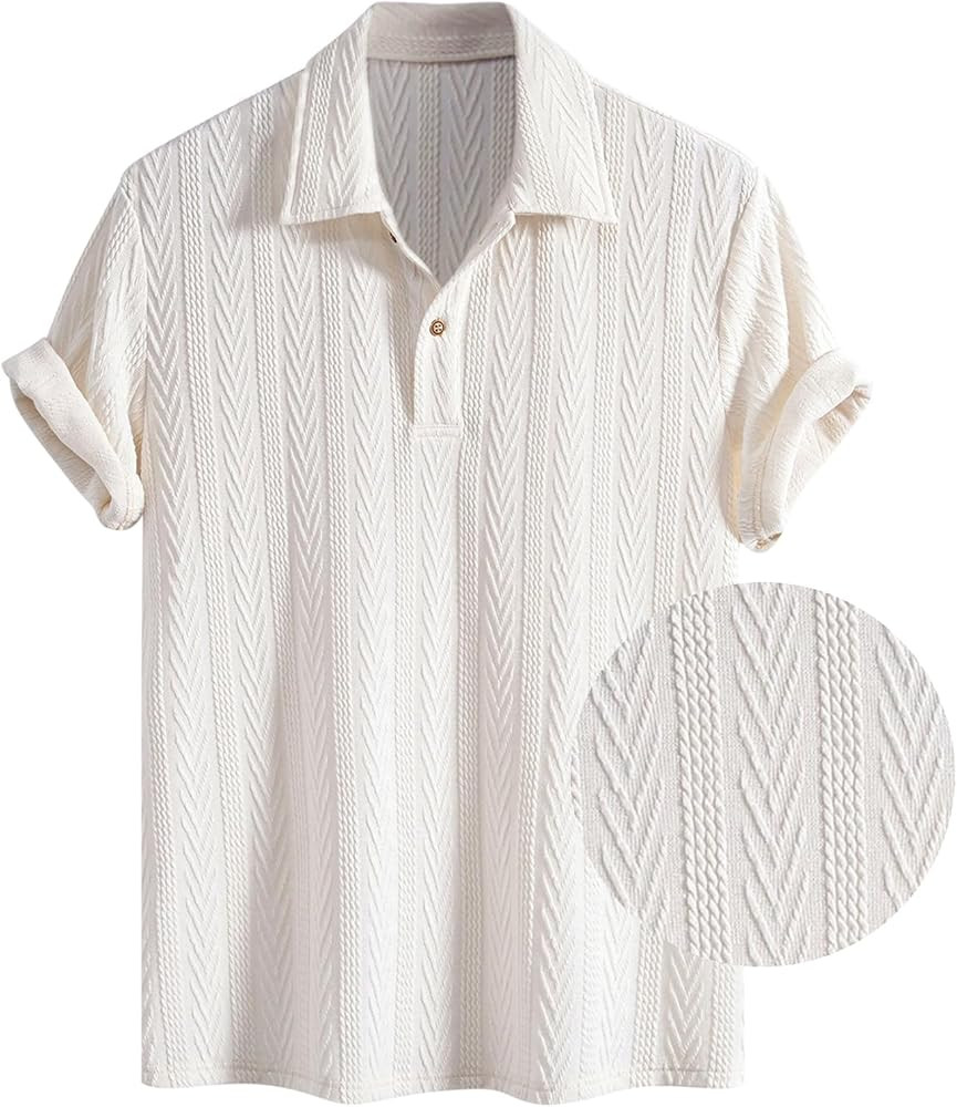 Jacquard Polo Shirts for Men, Casual Knit Geometric Texture Short Sleeve Shirt, Fashion Solid Lig... | Amazon (US)
