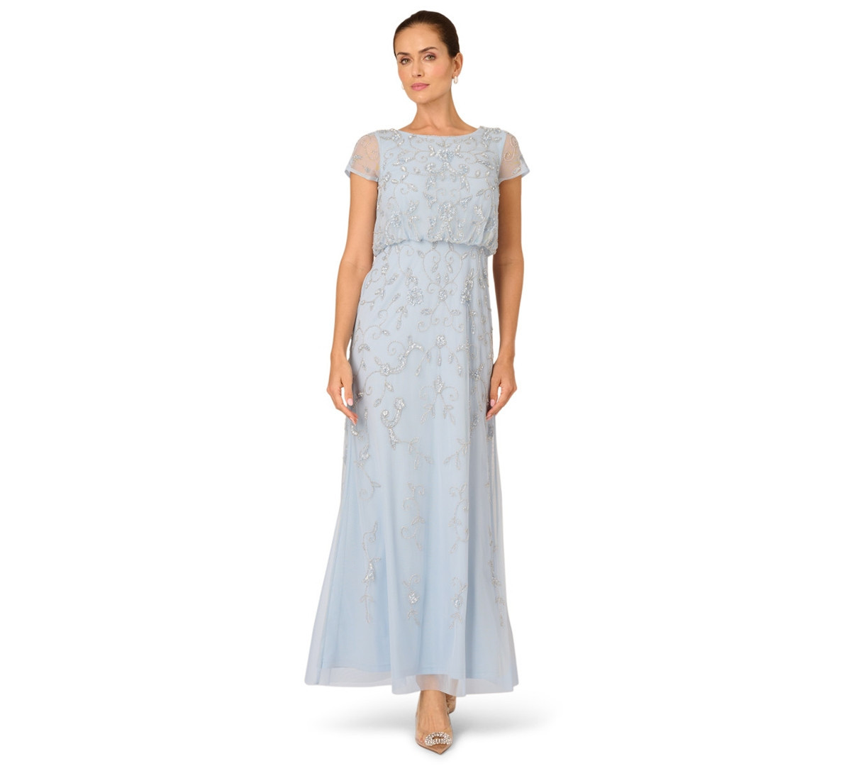 Adrianna Papell Petite Boat-Neck Short-Sleeve Beaded Blouson Gown - Elegant Sky | Macy's