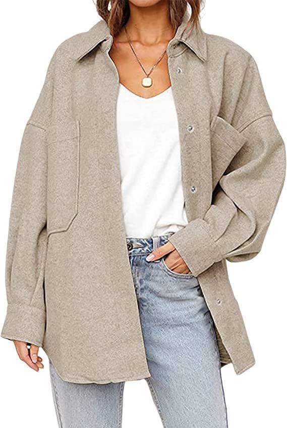 Qiaomai Womens Loose Fall Shacket Wool Blend Lapel Snap Button Pocketed Midi Solid Coat | Amazon (US)