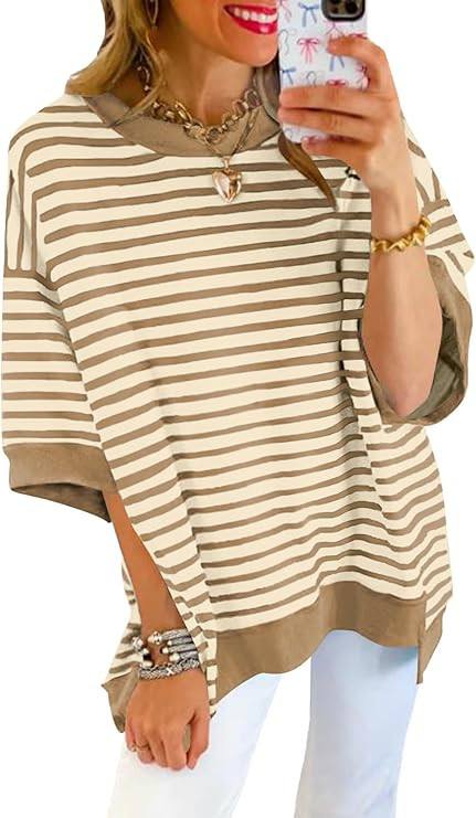 Poetsky Womens Oversized Tops Casual Short Sleeve Striped Shirts Summer Crewneck Pullover Sweatsh... | Amazon (US)