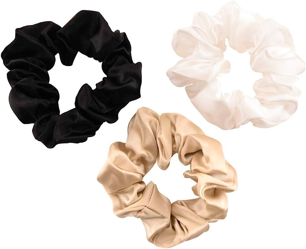 CELESTIAL SILK Mulberry Silk Scrunchies for Hair (Large, Ivory, Black, Taupe) | Amazon (US)