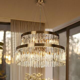 6-Light Plated Brass 2-Tier Round Chandelier with Handcrafted Glass Rods Adjustable Candelabra Sockets for Dining Room | The Home Depot