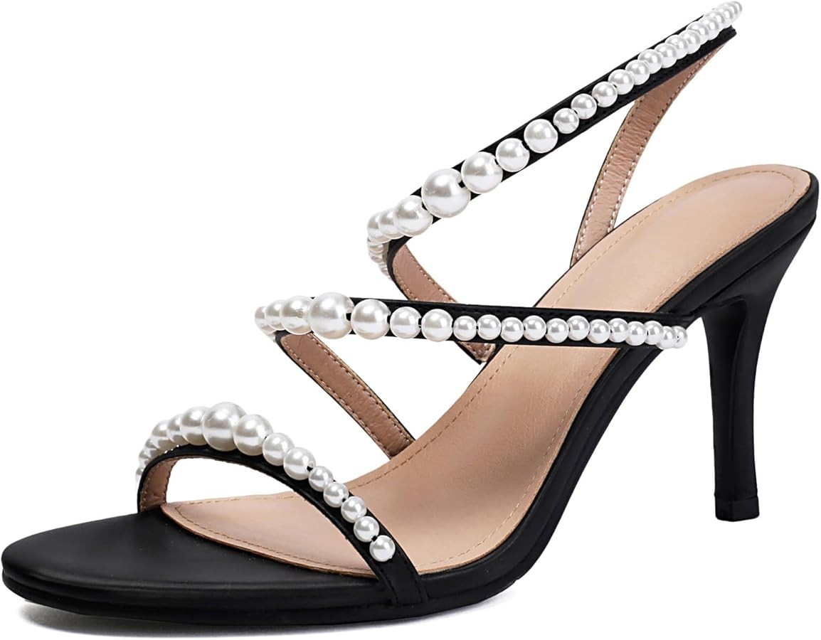 Women's Pearl Heels Sexy D-orsay Stiletto Strappy Beaded Sandals Party Wedding Bridal Shoes | Amazon (US)