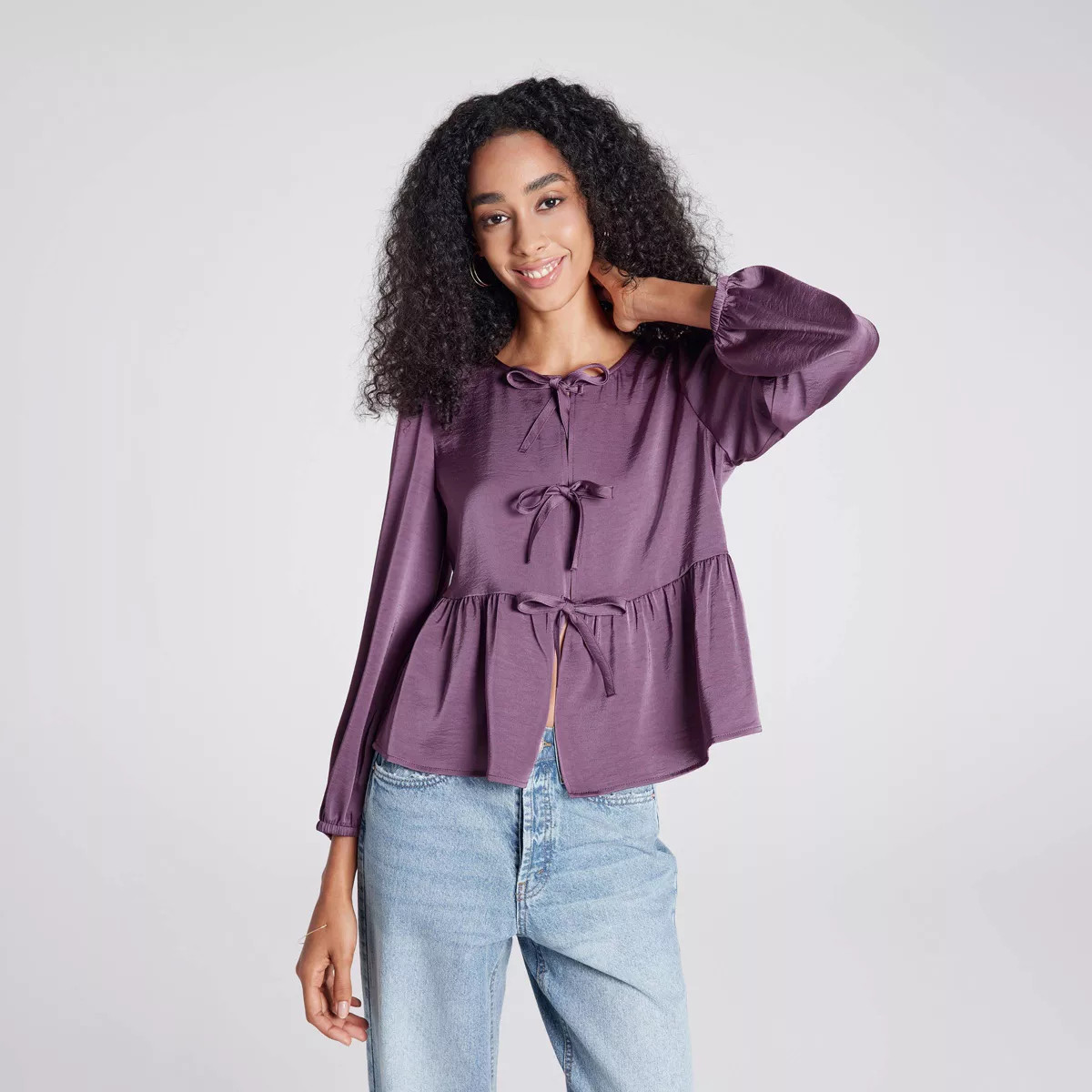Women's Puff Long Sleeve Tie-Front Blouse - A New Day™ Purple S | Target