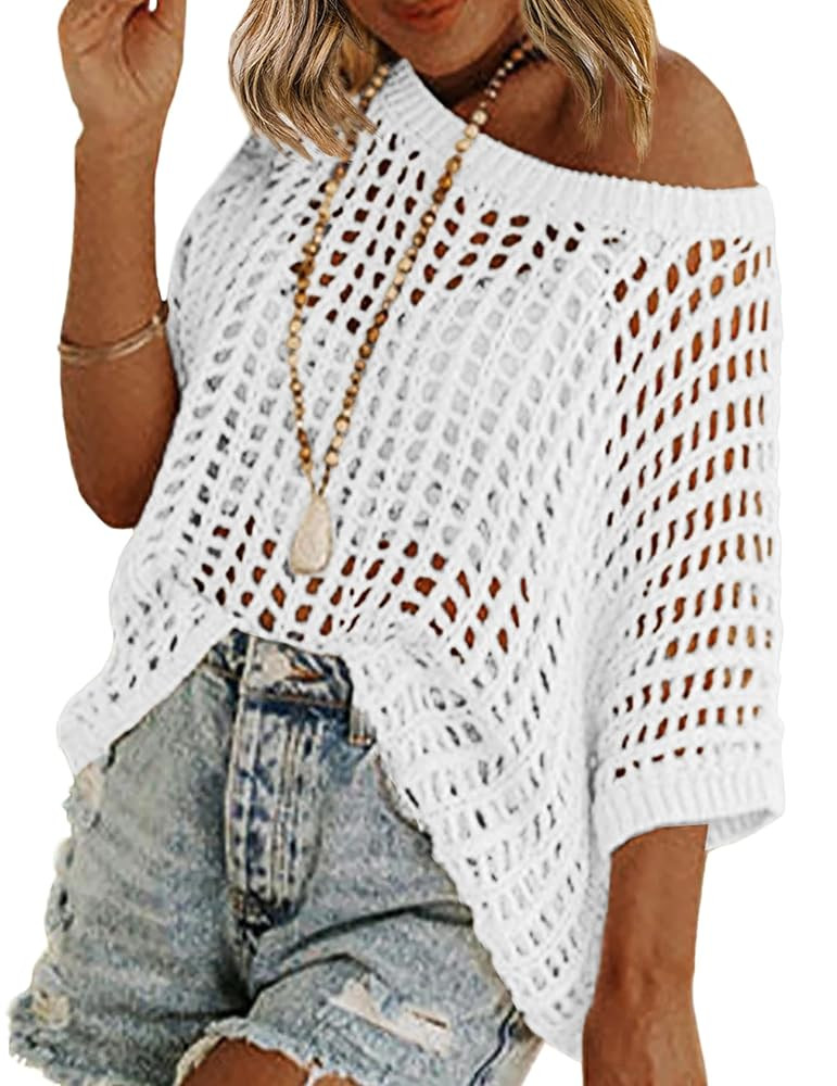 Zeagoo Short Sleeve Crochet Sweater Lightweight Summer Tops Loose Hollow Out Crewneck Pullover | Amazon (US)