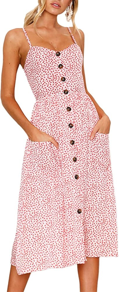 SWQZVT Women's Dress Summer Spaghetti Strap Sundress Casual Floral Midi Backless Button Up Swing ... | Amazon (US)