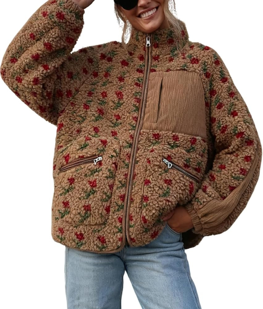 chouyatou Women's Winter Casual Spliced Floral Fleece Jacket Fall Fuzzy Oversized Faux Fur Sherpa... | Amazon (US)
