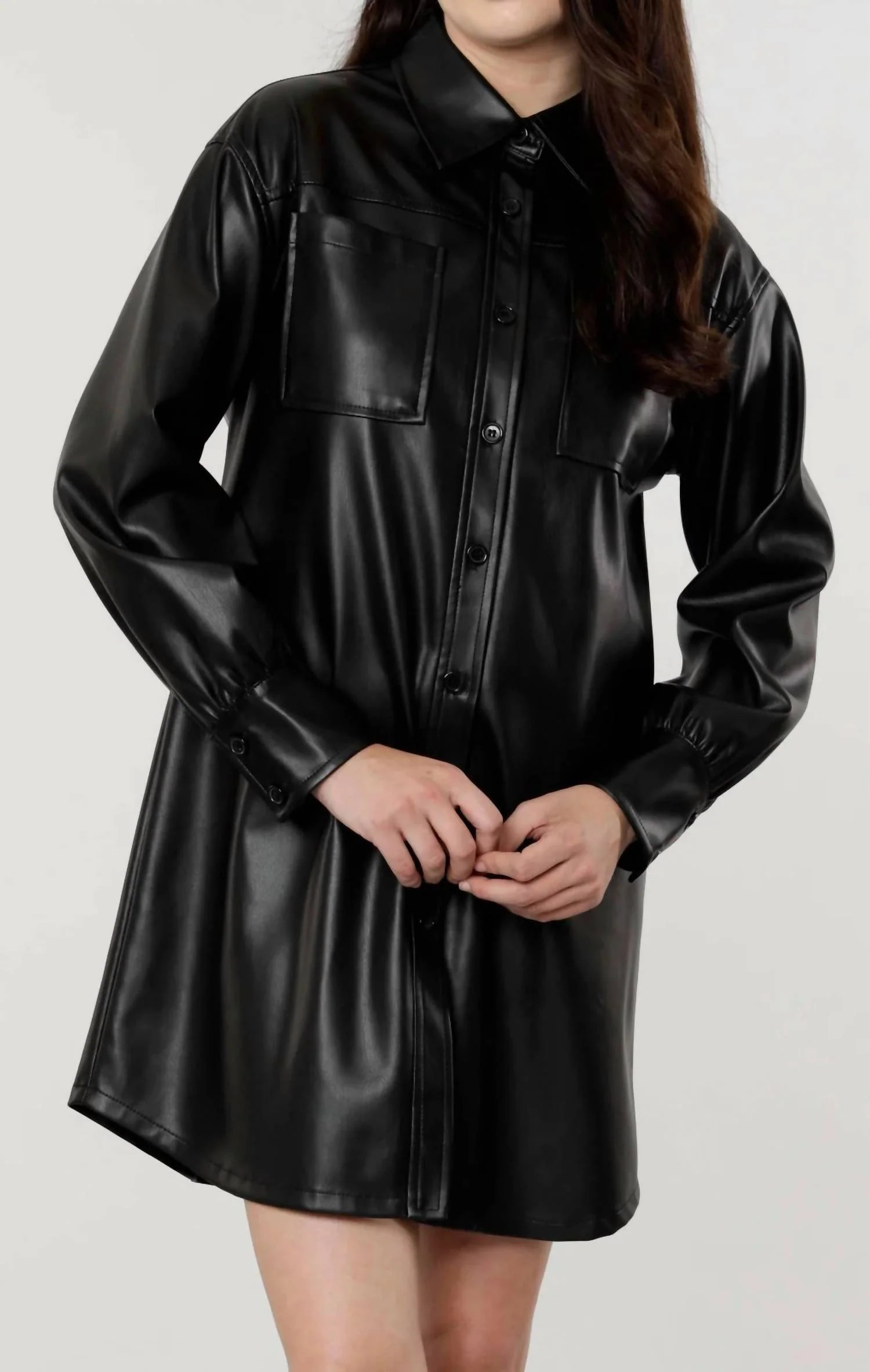 Vegan Leather Shirt Dress in Black | Shop Simon