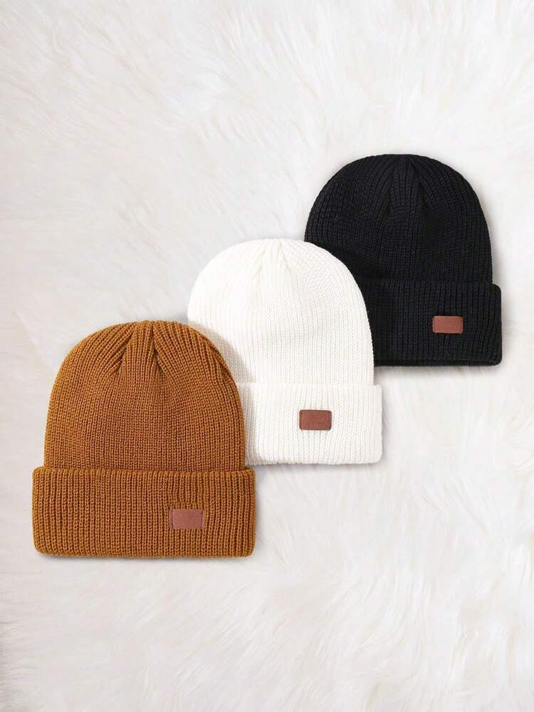 3pcs Stitched Coffee Beanies (Set Of 3), Y2K Style Knit Hats For Toddler Boys Girls Infants, Outdoor Casual Winter Warm Beanie Caps | SHEIN