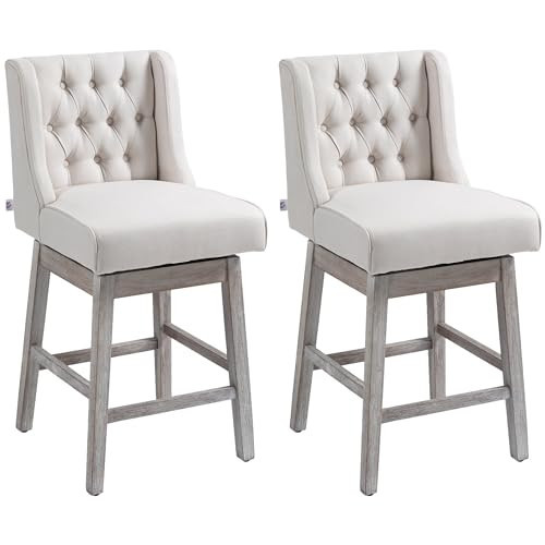 HOMCOM Counter Height Bar Stools Set of 2, 180 Degree Swivel Barstools with Solid Wood Footrests and Button Tufted Design, 27" Seat Height Bar Chairs for Kitchen Island, Beige | Amazon (US)