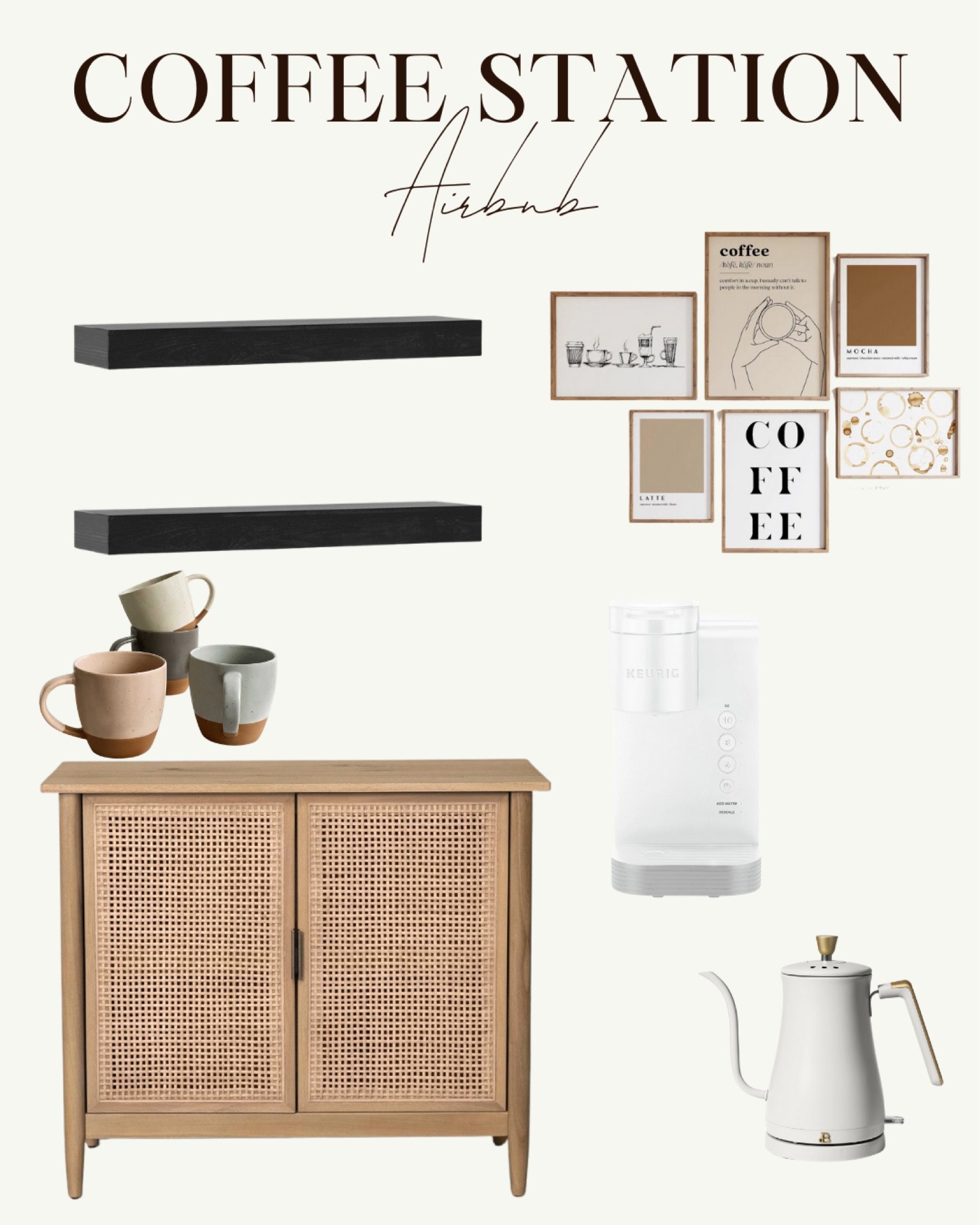 Coffee Bar Station ☕️ we designed a beautiful and functional space for our Airbnb guests to fuel up with coffee or tea. This wood cane cabinet is perfect and has plenty of storage. Electric kettle and the Kuerig Single Service machine is sleek in white! I found some cute coffee theme artwork to complete the space! ✨ 

#LTKtravel #LTKstyletip #LTKhome