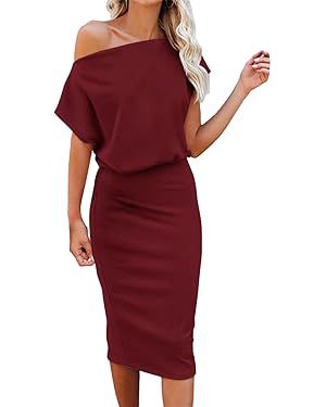 Ezbelle Women's 2024 Summer Dress Off The Shoulder Short Sleeve Ribbed Casual Party Bodycon Midi ... | Amazon (US)