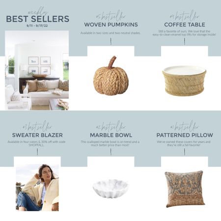 My bestsellers this week include neutral seagrass pumpkins, a round coffee table with storage, a favorite sweater blazer, a scalloped marble bowl and my favorite patterned fall pillow!
.
#ltkhome #ltkseasonal #ltksalealert #ltkunder50 #ltkunder100 #ltkworkwear #ltkstyletip

#LTKhome #LTKSeasonal #LTKsalealert