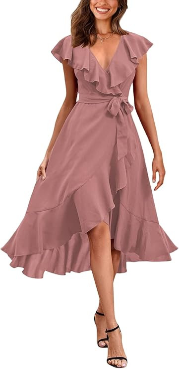 PRETTYGARDEN Women's Summer Wrap Maxi Dress Casual Boho Deep V Neck Short Sleeve Ruffle Hem Split... | Amazon (US)