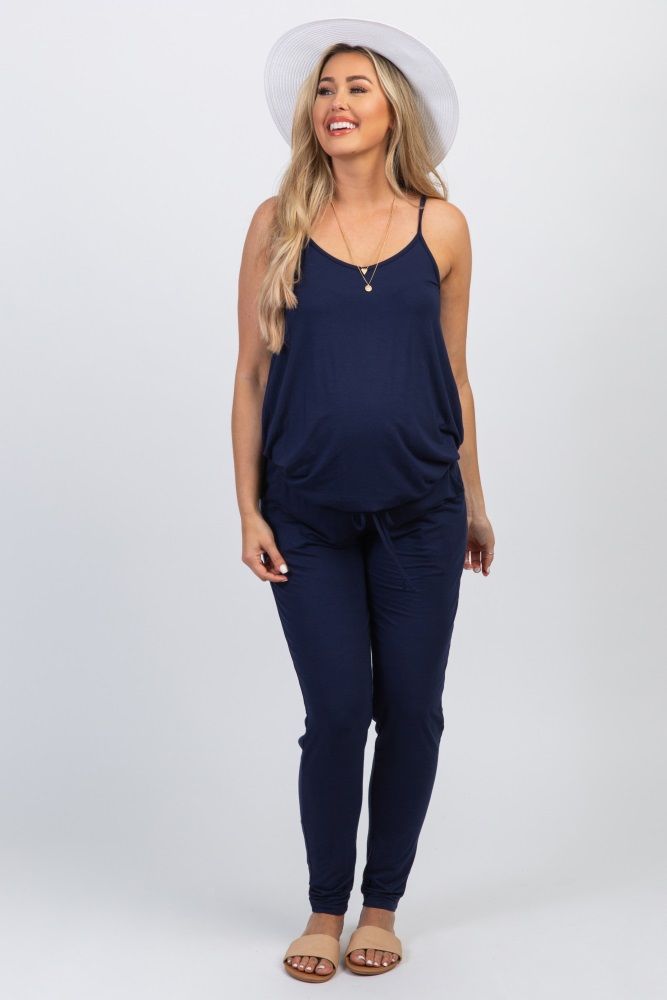 Navy Blue Basic Sleeveless Maternity Jumpsuit | PinkBlush Maternity