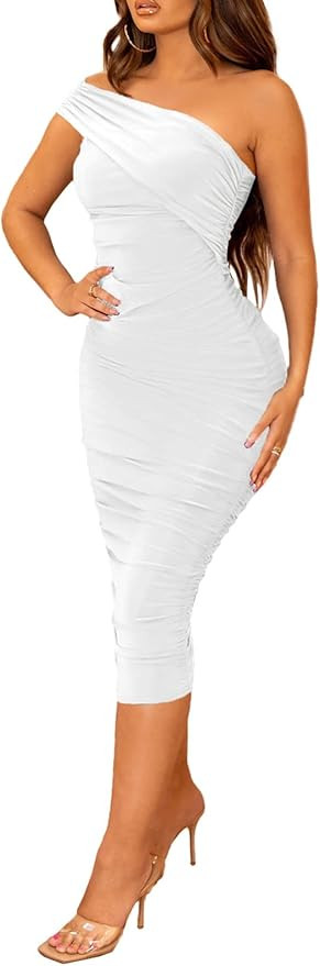 Halfword Sexy One Shoulder Midi Dress for Women Ruched Bodycon Drawstring Night Party Club Cockta... | Amazon (US)