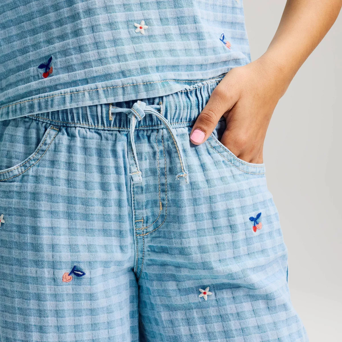 Girls' Mid-Rise Pull-On Denim Embroidered Wide Leg Pants - Cat & Jack\u2122 Blue M | Target