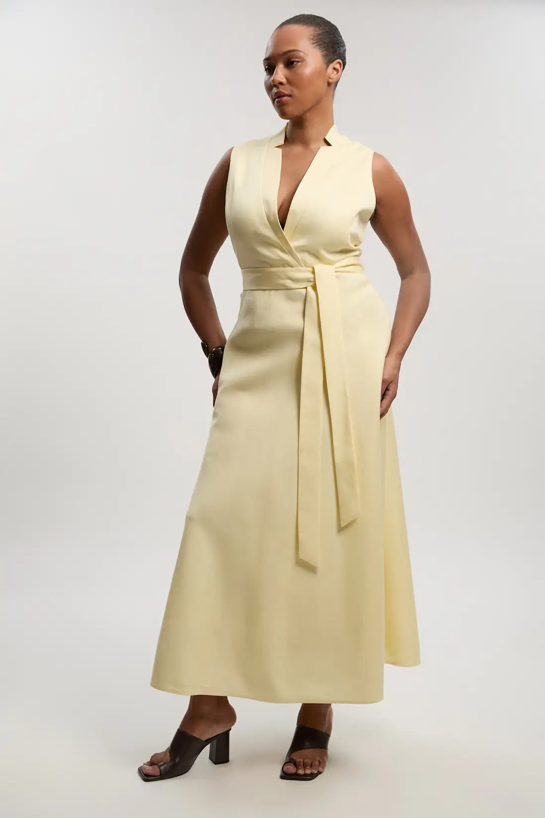 Lemon KarenMillen Plus Size Tailored Linen Wrap Tie Waisted Maxi Dress | Boohoo USA | boohoo (US & Canada)