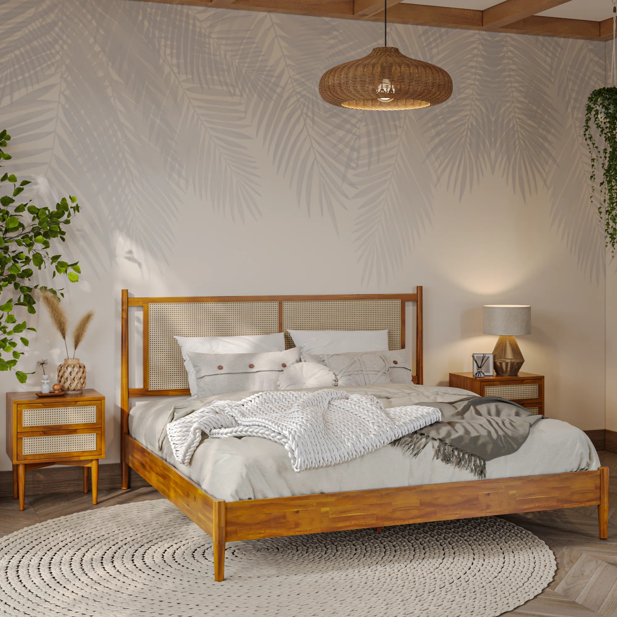Oliver Solid Wood Platform Bed with Rattan Headboard | Wayfair North America